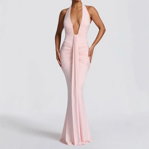 Elegant pink deep V-neck halter maxi dress with slim fit mermaid silhouette for women