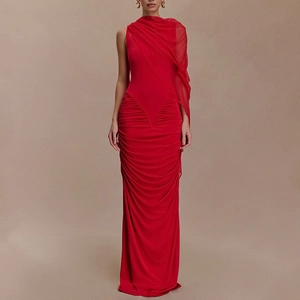 Elegante Abito Da Sera Con Scialle In Mesh E Arricciature Abito Maxi Sexy Aderente Senza Maniche Girocollo Per Feste