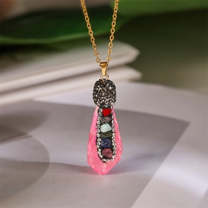 Natural pink crystal pendant necklace with colorful rhinestones and a gold chain