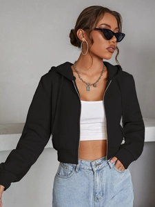 Women's black cropped zip-up hoodie featuring high-quality fabric and metal zipper detail