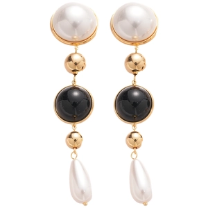 Elegant 18k gold plated earrings with white pearls and black beads in a tassel design