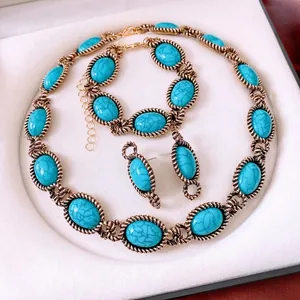 Vintage bohemian jewelry set with turquoise resin oval necklace bracelet and earrings