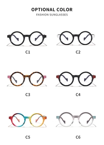 Detailed color chart of round retro glasses frames in six different stylish finishes