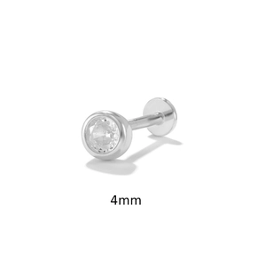 Macro view of 4mm S925 sterling silver labret stud with crystal and flat back threading