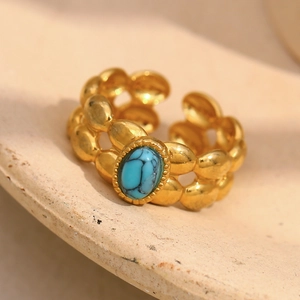 Detail of 18K gold-plated double-layer ring with oval turquoise stone and bead texture