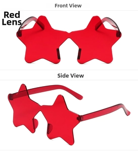 Front and side views of red star-shaped rimless sunglasses for kids beach party