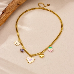 Golden stainless steel Cuban chain necklace with heart, strawberry, and flower pendants