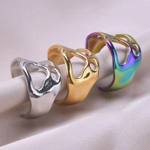 Minimalist stainless steel irregular open rings in silver, gold, and rainbow finishes
