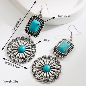 Detail showing 8cm length and turquoise stone on these boho alloy drop earrings