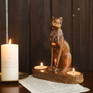 Egyptian Bastet Cat Goddess Candle Holder Vintage Resin Double Hole Tea Light Stand Ancient Mythology Home Decor