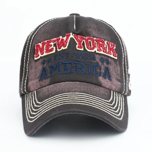 Distressed cotton baseball cap in dark coffee with New York 3D embroidery detail