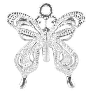 Detailed view of silver butterfly pendant with hollow texture and polished steel finish