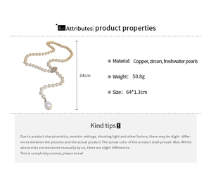 Technical specifications for 64cm long freshwater pearl necklace with zircon leaf charm