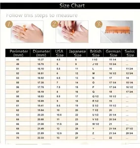 Detailed international ring size chart with measuring guide and diameter data table