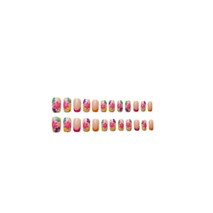 Pink French ombre press-on nails with colorful floral patterns in medium square shape