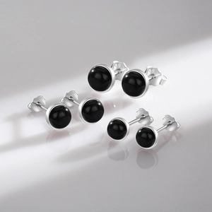 Three pairs of S925 sterling silver black onyx stud earrings in various sizes with reflections