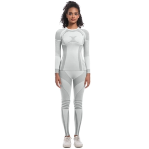 Seamless knitted long-sleeved thermal underwear set for women in grey and white color block