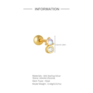 Detailed view of S925 sterling silver opal stud earring with zircon and size specifications