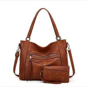 Brown faux leather tote bag set for women with matching pouch and shoulder strap