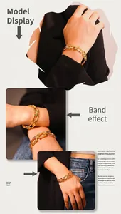 Detailed view of geometric hollow link chain bracelet in 18k gold plated stainless steel