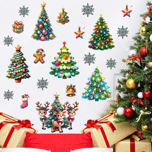 Detail of Christmas wall stickers featuring reindeer and snowflakes in a cozy room setting