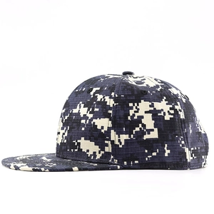 Detail of blue digital camouflage snapback hat featuring a flat brim and six-panel crown