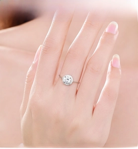 Detail of S925 sterling silver halo ring with a unique chain band on female hand