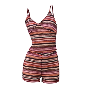 Close-up of wavy knit texture and colorful striped pattern on the two-piece crop top set