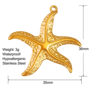 Stainless steel gold starfish pendant, waterproof charm with 36mm height dimensions