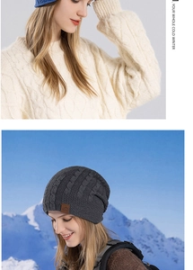 Close-up of thick cable knit texture and sport leather label on a winter thermal hat