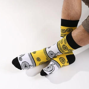 Men's geometric cotton crew socks with bicycle pattern in yellow, black and white design