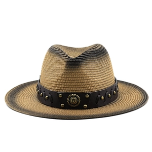 British style wide brim straw fedora hat with vintage leather band and metal buckle