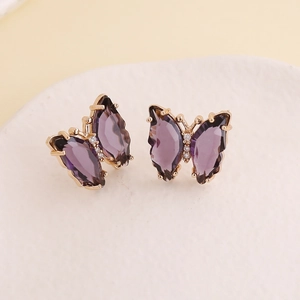 Elegant 925 silver needle purple butterfly stud earrings with gold plating and crystals