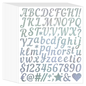Detail of 1-inch glitter alphabet stickers with sparkling laser texture for DIY crafts