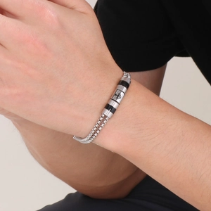 Double-layered stainless steel bead bracelet with laser-engraved Tree of Life motif
