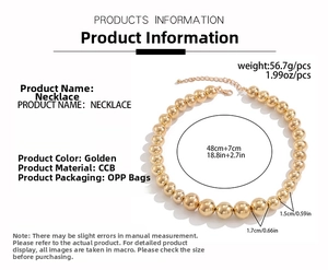 Detail showing oversized golden CCB beads necklace dimensions and 7cm extension chain
