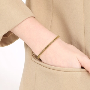 Gros plan d'un bracelet chaîne serpent en acier inoxydable plaqué or 18 carats au poignet