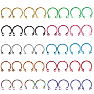 Set of multi-colored stainless steel horseshoe nose rings with beads and spikes