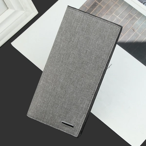 Slim men's long fabric wallet in heather grey with elegant black metal trim detail