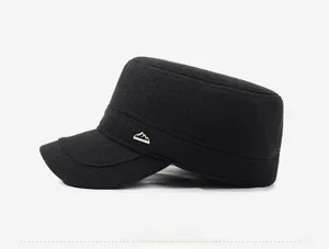 Side view of black winter cadet cap showing thick textured wool and silver mountain logo