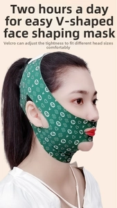 Detail of adjustable green V-line lifting mask with ear holes on a female model