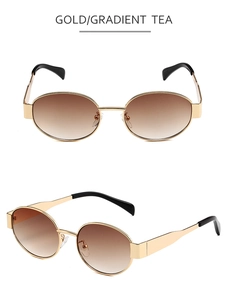 Detailed views of gold oval sunglasses with gradient tea lenses and black temple tips