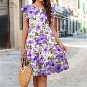 Women's purple floral tiered dress with ruffle sleeves and light chiffon fabric