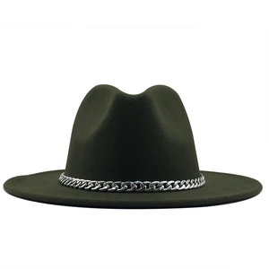 Olive green fedora wool hat with a chunky silver metal chain band accessory