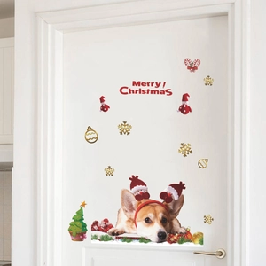 Christmas door sticker with cute Corgi in elk horns, Christmas tree and snowflakes