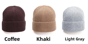 Close-up of ribbed knit beanies in coffee, khaki and grey showing thick warm texture