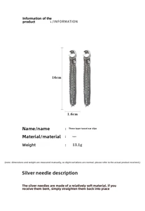 Detailed size specifications for the silver triple tassel ear cuff with copper material