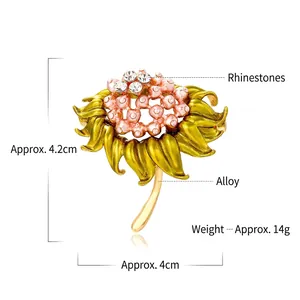 Detail view of sunflower brooch with pink rhinestones, size 4.2cm by 4cm, alloy material