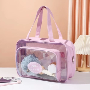 Pink waterproof dry and wet separation travel toiletry bag with clear mesh and PU leather
