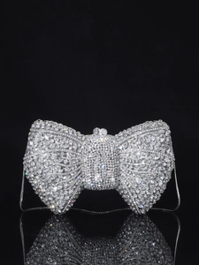 Luxury sparkling rhinestone bow clutch bag with detachable chain strap and silver finish